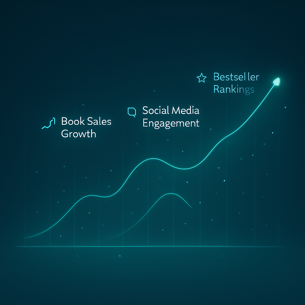 Dynamic visualization showing book sales growth, social media engagement, and bestseller rankings with upward trending arrows and success metrics.
