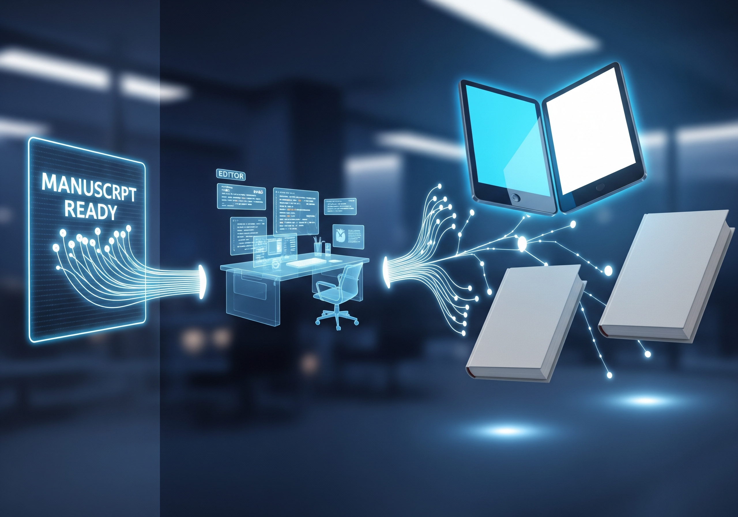 Professional montage showing the publishing process from manuscript to finished books in multiple formats (ebook, paperback, hardcover).